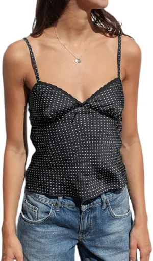 Y2k Tank Top Women Sexy Spaghetti Strap Sleeveless Backless Camisole Mesh Low V Neck Lace Trim Crop Cami Going Out