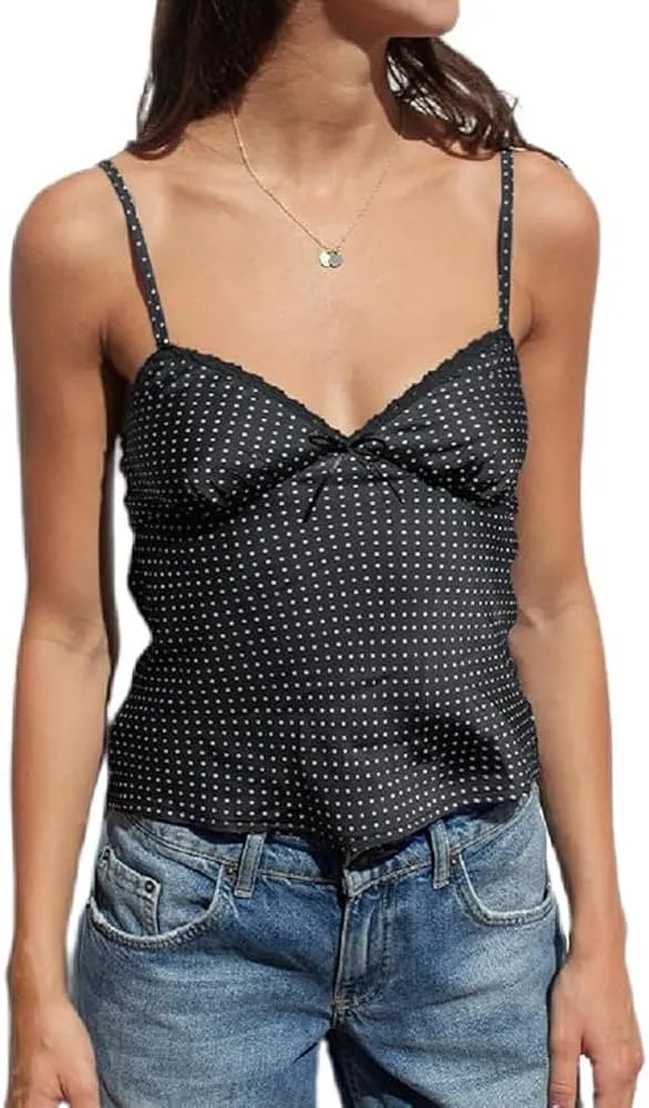 Y2k Tank Top Women Sexy Spaghetti Strap Sleeveless Backless Camisole Mesh Low V Neck Lace Trim Crop Cami Going Out