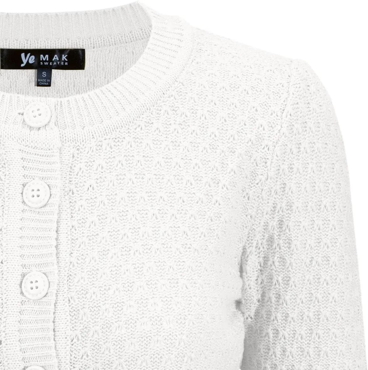 YEMAK Women's Cropped Cardigan Sweater  3/4 Sleeve Crewneck Basic Classic Casual Button Down Soft Crochet Knit Top (S-3XL)