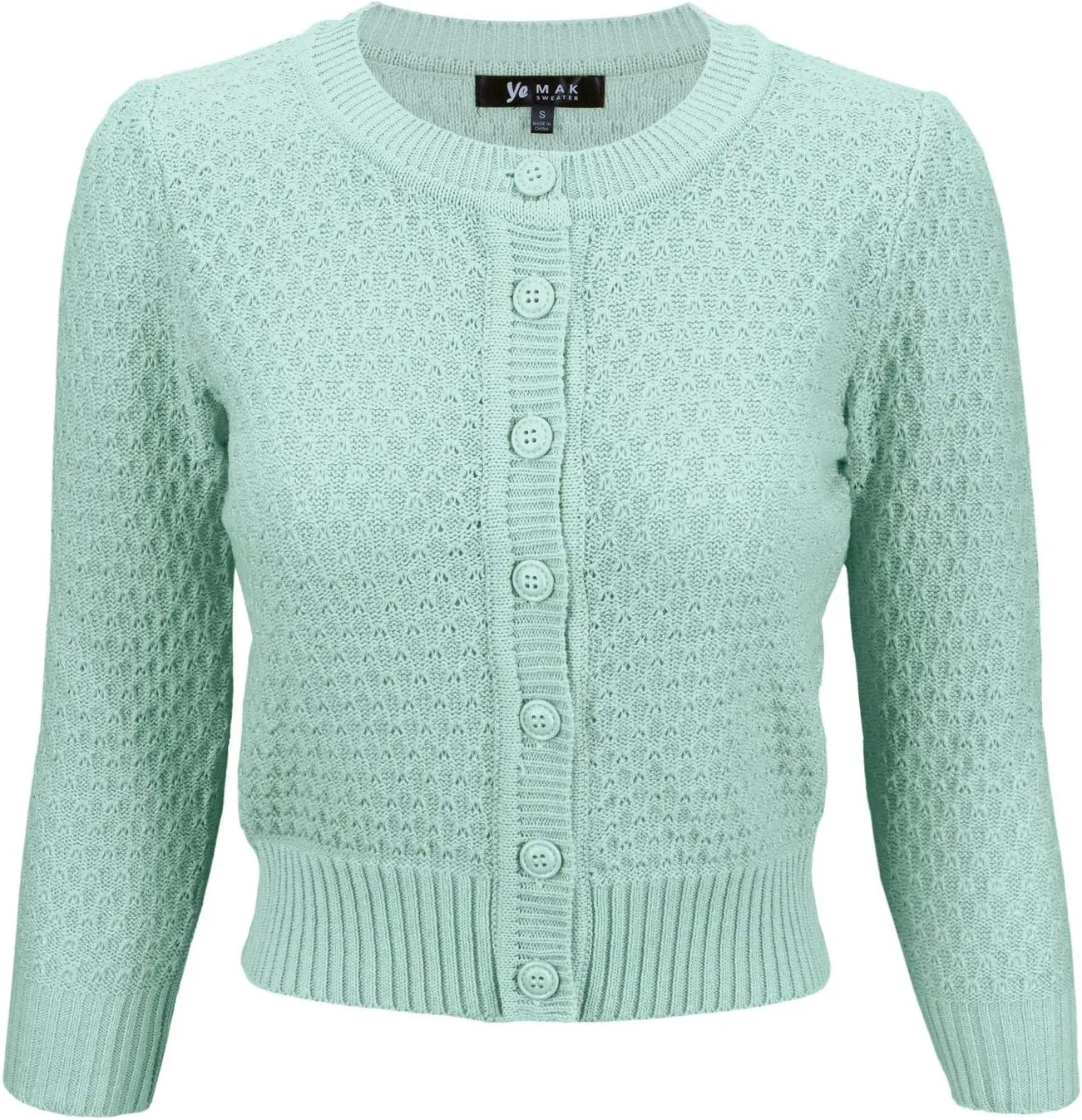 YEMAK Women's Cropped Cardigan Sweater  3/4 Sleeve Crewneck Basic Classic Casual Button Down Soft Crochet Knit Top (S-3XL)