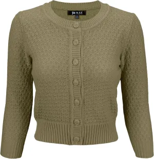 YEMAK Women's Cropped Cardigan Sweater  3/4 Sleeve Crewneck Basic Classic Casual Button Down Soft Crochet Knit Top (S-3XL)