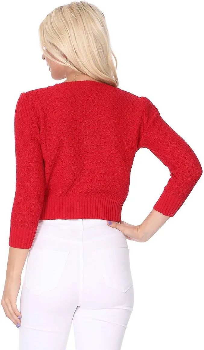 YEMAK Women's Cropped Cardigan Sweater  3/4 Sleeve Crewneck Basic Classic Casual Button Down Soft Crochet Knit Top (S-3XL)