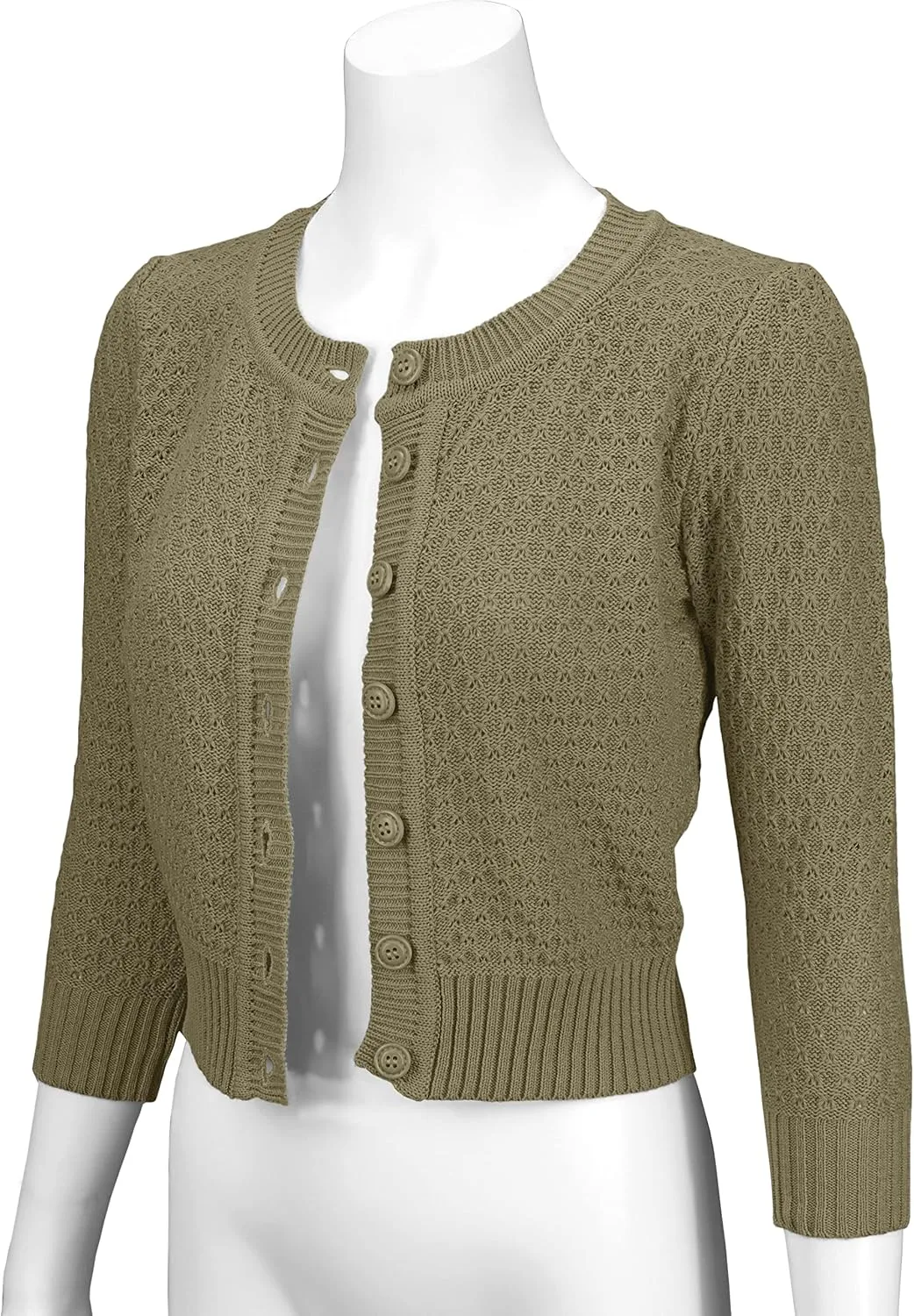 YEMAK Women's Cropped Cardigan Sweater  3/4 Sleeve Crewneck Basic Classic Casual Button Down Soft Crochet Knit Top (S-3XL)