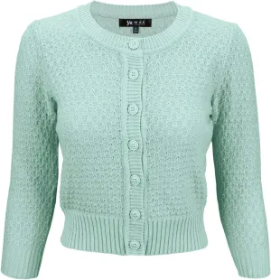 YEMAK Women's Cropped Cardigan Sweater  3/4 Sleeve Crewneck Basic Classic Casual Button Down Soft Crochet Knit Top (S-3XL)