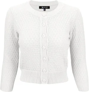 YEMAK Women's Cropped Cardigan Sweater  3/4 Sleeve Crewneck Basic Classic Casual Button Down Soft Crochet Knit Top (S-3XL)