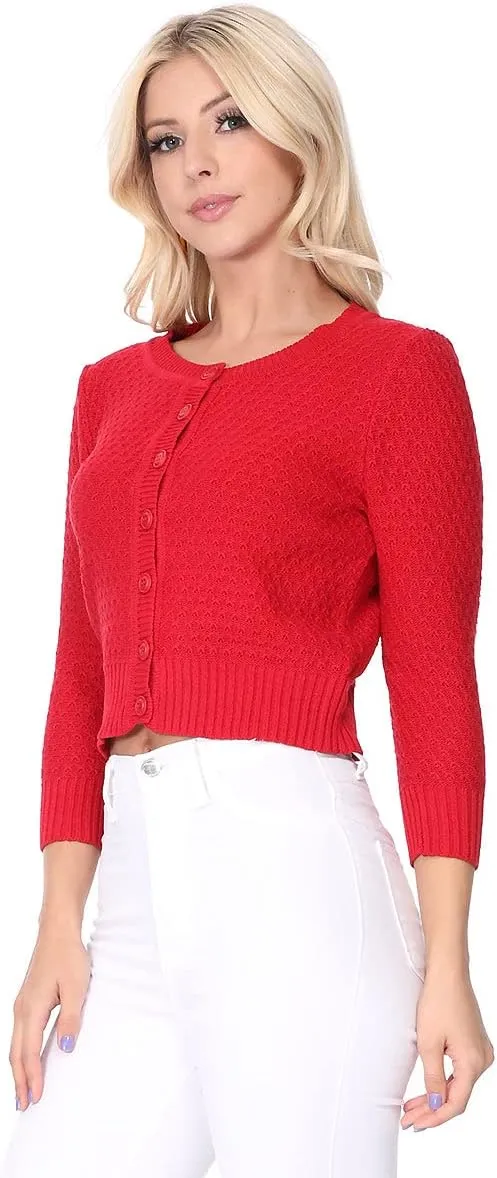 YEMAK Women's Cropped Cardigan Sweater  3/4 Sleeve Crewneck Basic Classic Casual Button Down Soft Crochet Knit Top (S-3XL)