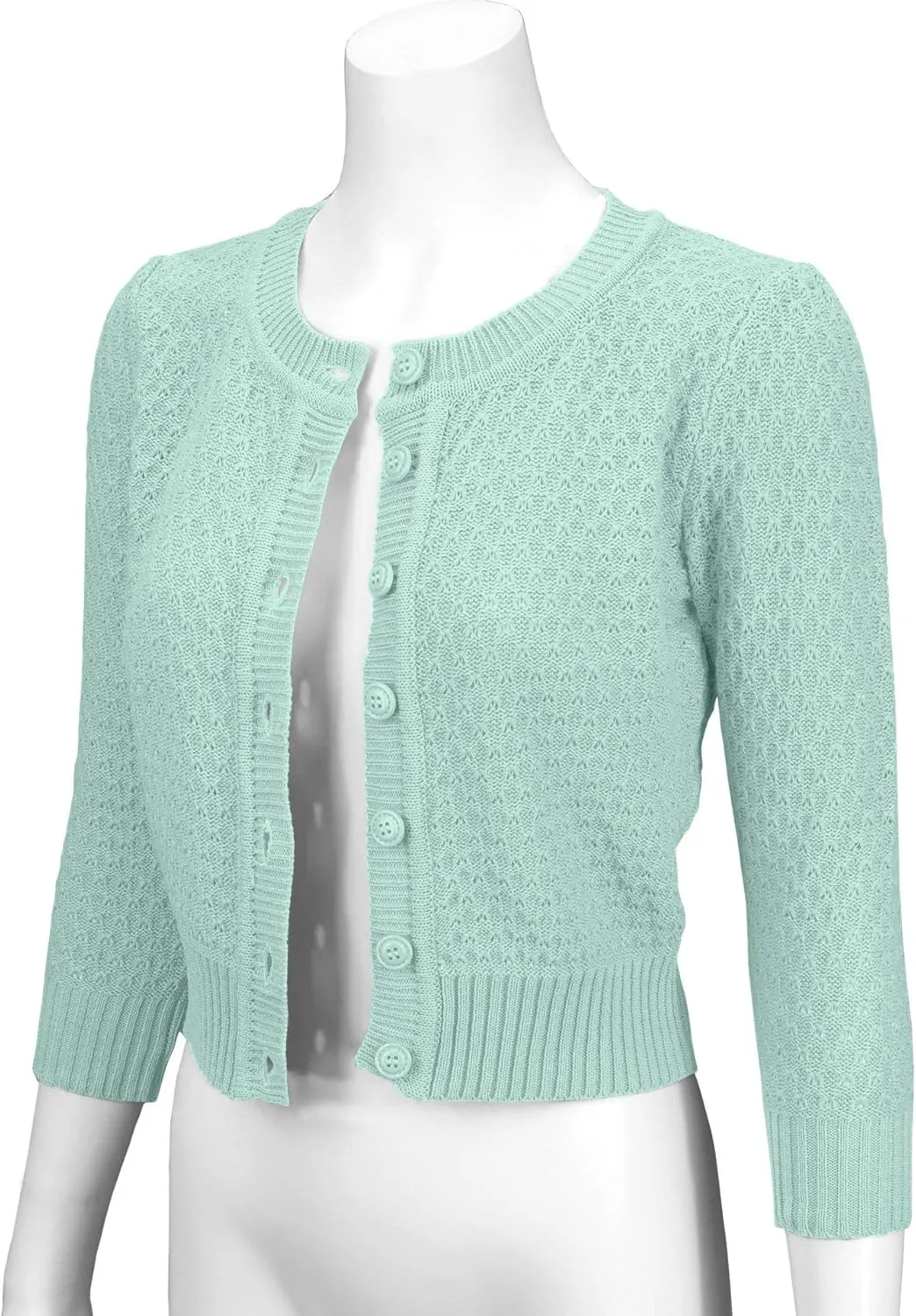 YEMAK Women's Cropped Cardigan Sweater  3/4 Sleeve Crewneck Basic Classic Casual Button Down Soft Crochet Knit Top (S-3XL)