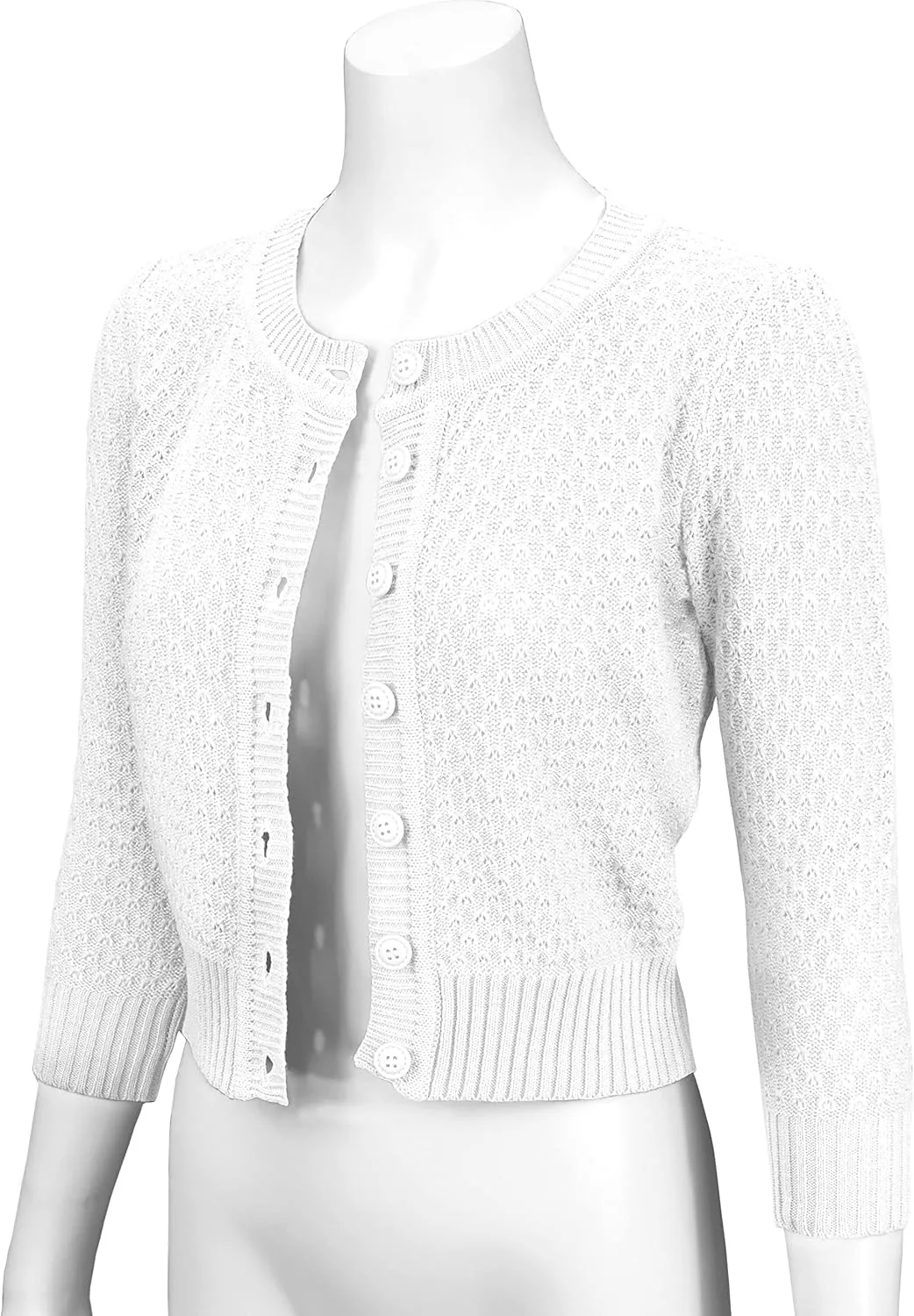 YEMAK Women's Cropped Cardigan Sweater  3/4 Sleeve Crewneck Basic Classic Casual Button Down Soft Crochet Knit Top (S-3XL)