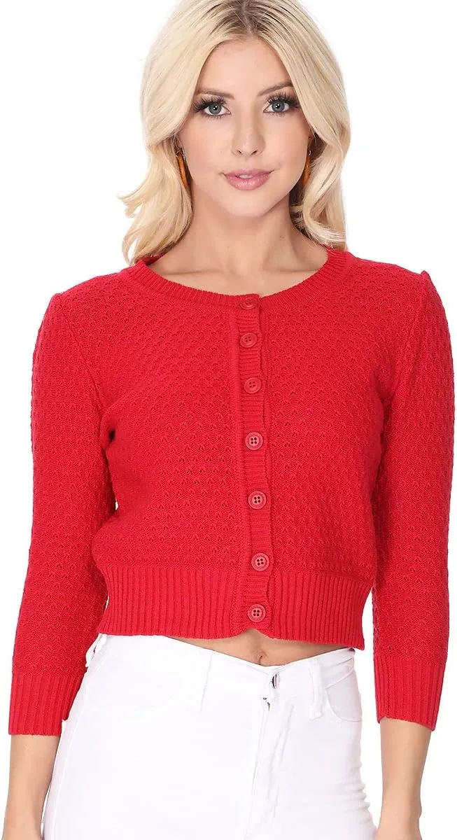 YEMAK Women's Cropped Cardigan Sweater  3/4 Sleeve Crewneck Basic Classic Casual Button Down Soft Crochet Knit Top (S-3XL)