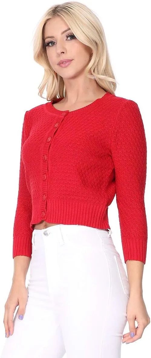 YEMAK Women's Cropped Cardigan Sweater  3/4 Sleeve Crewneck Basic Classic Casual Button Down Soft Crochet Knit Top (S-3XL)