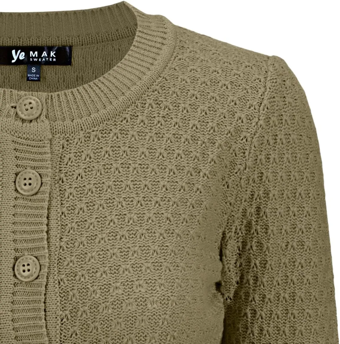 YEMAK Women's Cropped Cardigan Sweater  3/4 Sleeve Crewneck Basic Classic Casual Button Down Soft Crochet Knit Top (S-3XL)