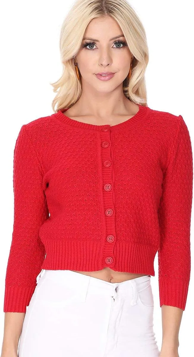 YEMAK Women's Cropped Cardigan Sweater  3/4 Sleeve Crewneck Basic Classic Casual Button Down Soft Crochet Knit Top (S-3XL)