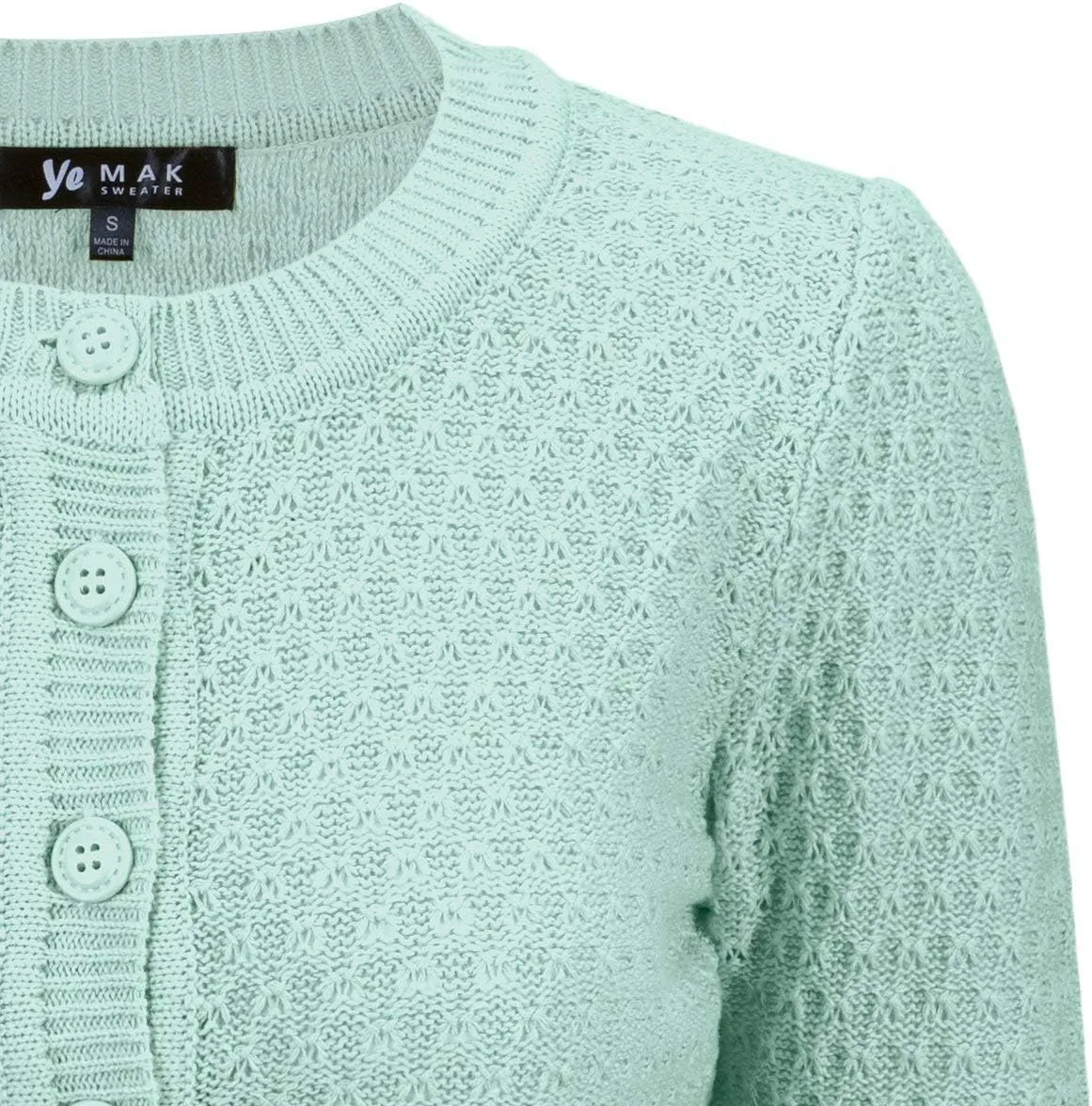 YEMAK Women's Cropped Cardigan Sweater  3/4 Sleeve Crewneck Basic Classic Casual Button Down Soft Crochet Knit Top (S-3XL)