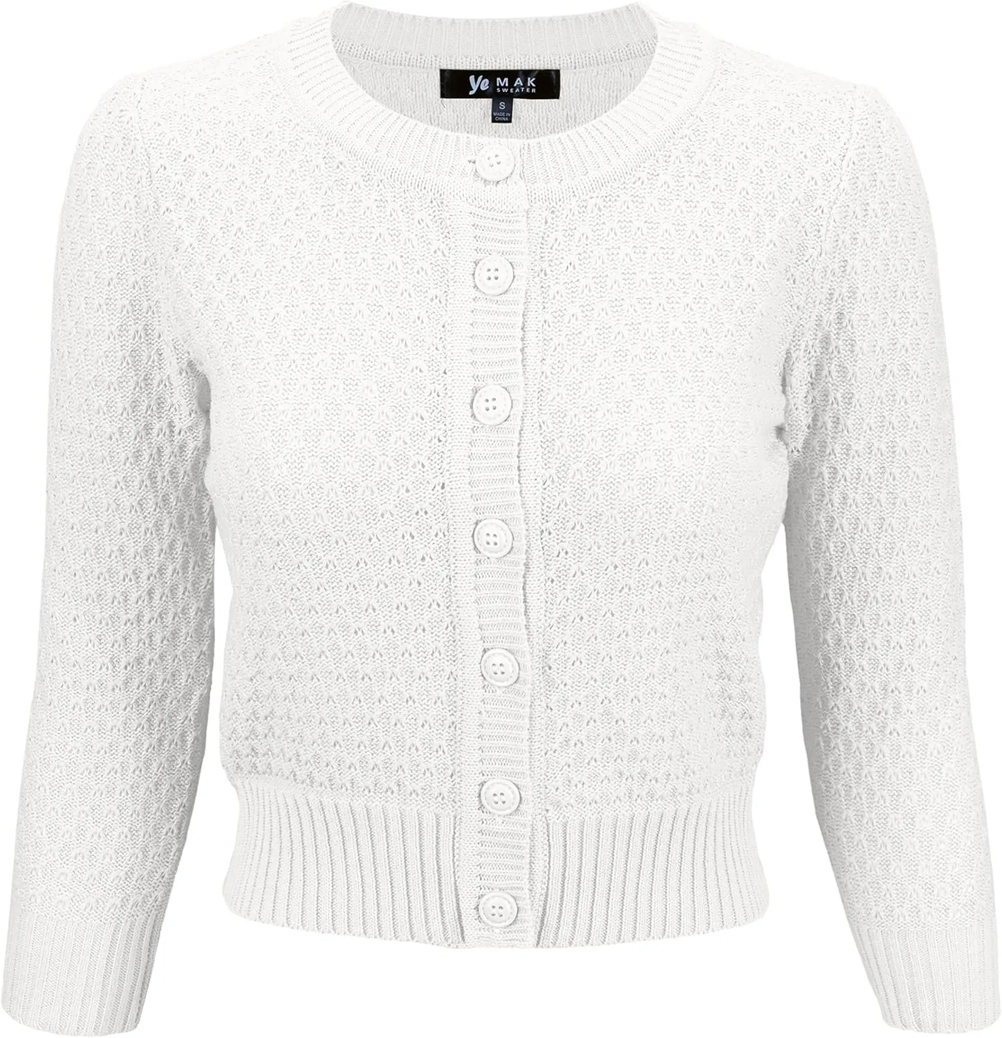 YEMAK Women's Cropped Cardigan Sweater  3/4 Sleeve Crewneck Basic Classic Casual Button Down Soft Crochet Knit Top (S-3XL)
