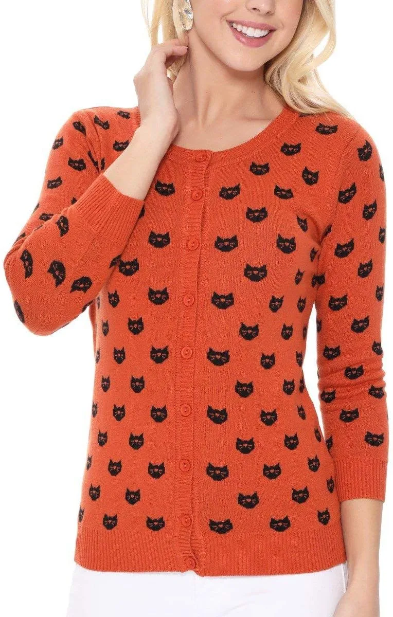 YEMAK Women's Knit Cardigan Sweater  3/4 Sleeve Button Down Crewneck Cute Cat Dog Pattern Casual Lightweight Knitted Top