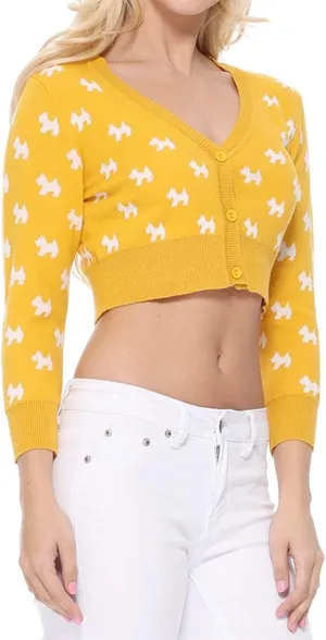YEMAK Women's Knit Cardigan Sweater  3/4 Sleeve Button Down Crewneck Cute Cat Dog Pattern Casual Lightweight Knitted Top