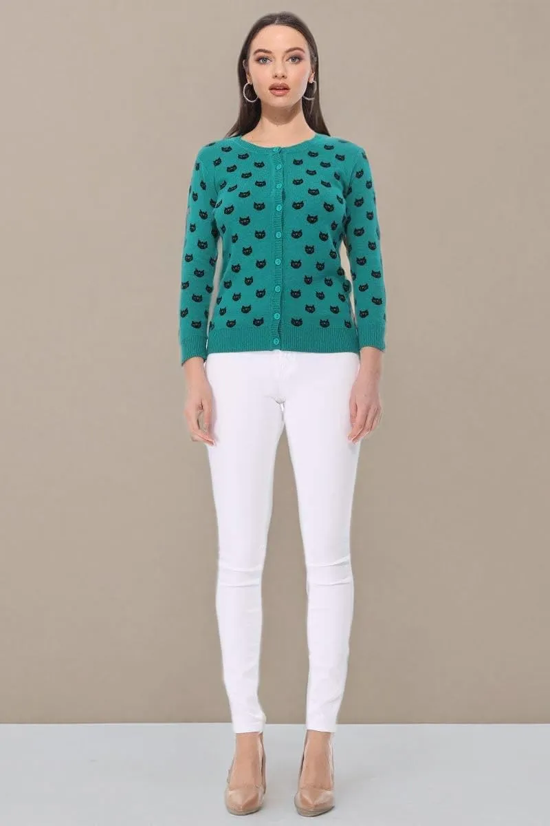 YEMAK Women's Knit Cardigan Sweater  3/4 Sleeve Button Down Crewneck Cute Cat Dog Pattern Casual Lightweight Knitted Top