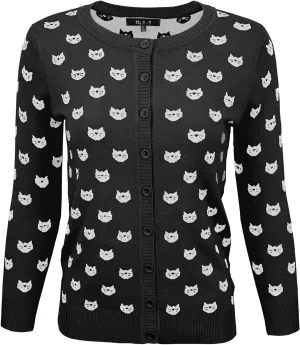 YEMAK Women's Knit Cardigan Sweater  3/4 Sleeve Button Down Crewneck Cute Cat Dog Pattern Casual Lightweight Knitted Top