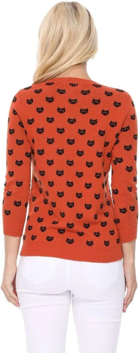 YEMAK Women's Knit Cardigan Sweater  3/4 Sleeve Button Down Crewneck Cute Cat Dog Pattern Casual Lightweight Knitted Top