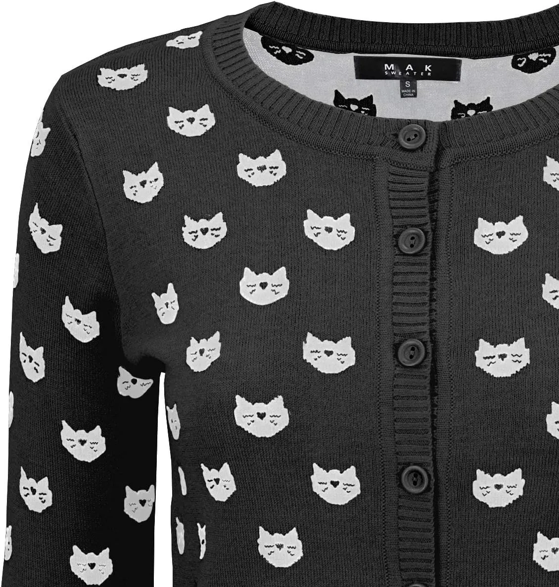 YEMAK Women's Knit Cardigan Sweater  3/4 Sleeve Button Down Crewneck Cute Cat Dog Pattern Casual Lightweight Knitted Top