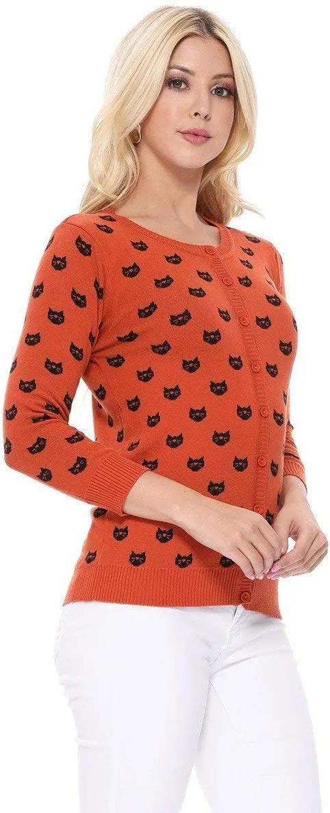 YEMAK Women's Knit Cardigan Sweater  3/4 Sleeve Button Down Crewneck Cute Cat Dog Pattern Casual Lightweight Knitted Top