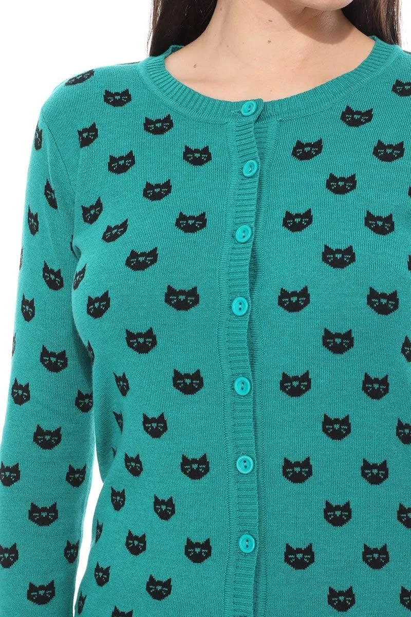 YEMAK Women's Knit Cardigan Sweater  3/4 Sleeve Button Down Crewneck Cute Cat Dog Pattern Casual Lightweight Knitted Top