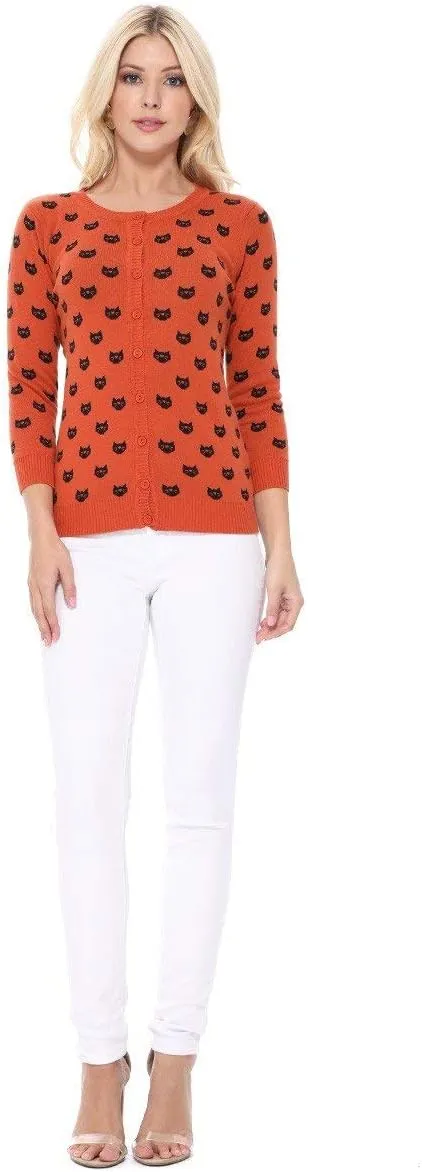 YEMAK Women's Knit Cardigan Sweater  3/4 Sleeve Button Down Crewneck Cute Cat Dog Pattern Casual Lightweight Knitted Top