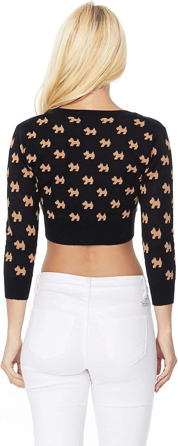 YEMAK Women's Knit Cardigan Sweater  3/4 Sleeve Button Down Crewneck Cute Cat Dog Pattern Casual Lightweight Knitted Top