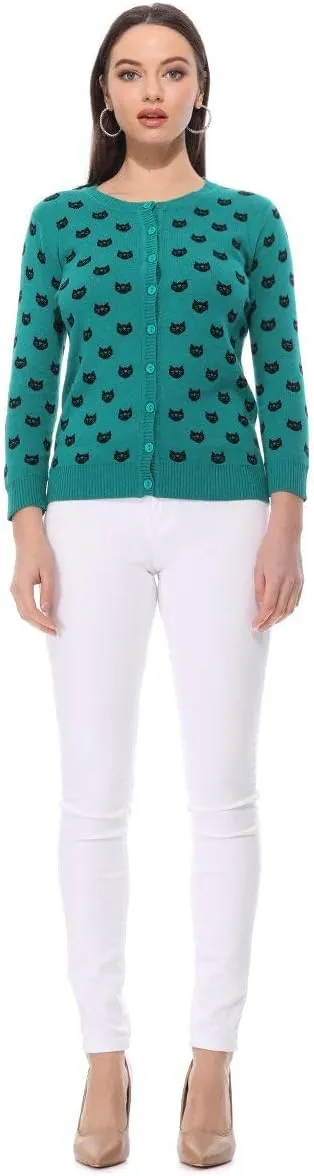 YEMAK Women's Knit Cardigan Sweater  3/4 Sleeve Button Down Crewneck Cute Cat Dog Pattern Casual Lightweight Knitted Top