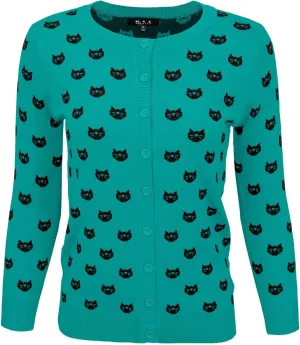 YEMAK Women's Knit Cardigan Sweater  3/4 Sleeve Button Down Crewneck Cute Cat Dog Pattern Casual Lightweight Knitted Top