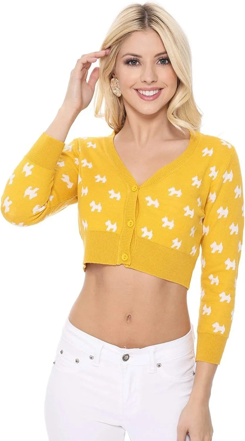 YEMAK Women's Knit Cardigan Sweater  3/4 Sleeve Button Down Crewneck Cute Cat Dog Pattern Casual Lightweight Knitted Top