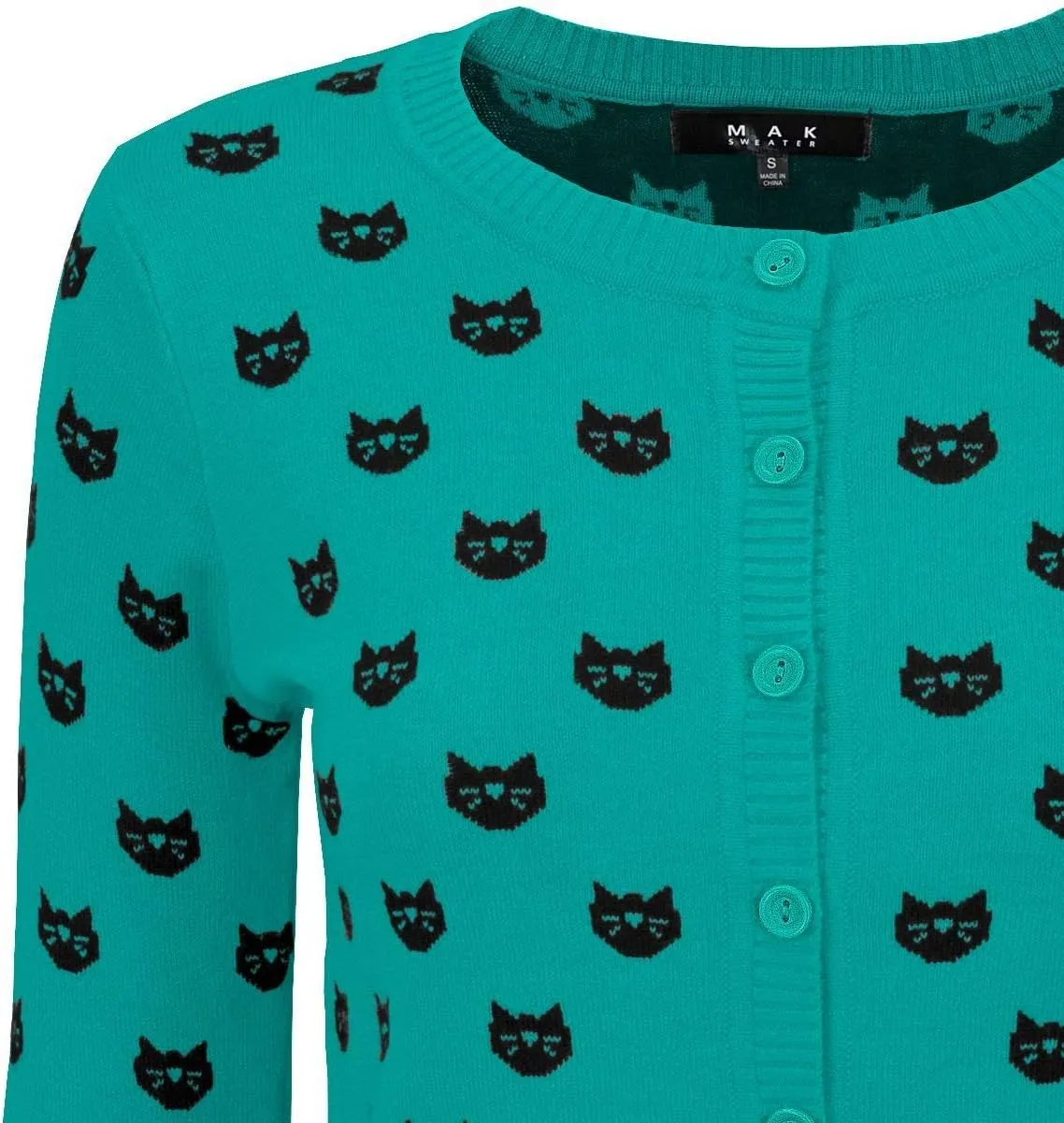 YEMAK Women's Knit Cardigan Sweater  3/4 Sleeve Button Down Crewneck Cute Cat Dog Pattern Casual Lightweight Knitted Top