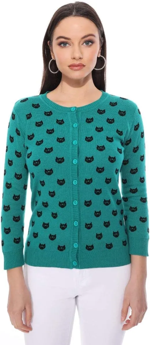 YEMAK Women's Knit Cardigan Sweater  3/4 Sleeve Button Down Crewneck Cute Cat Dog Pattern Casual Lightweight Knitted Top