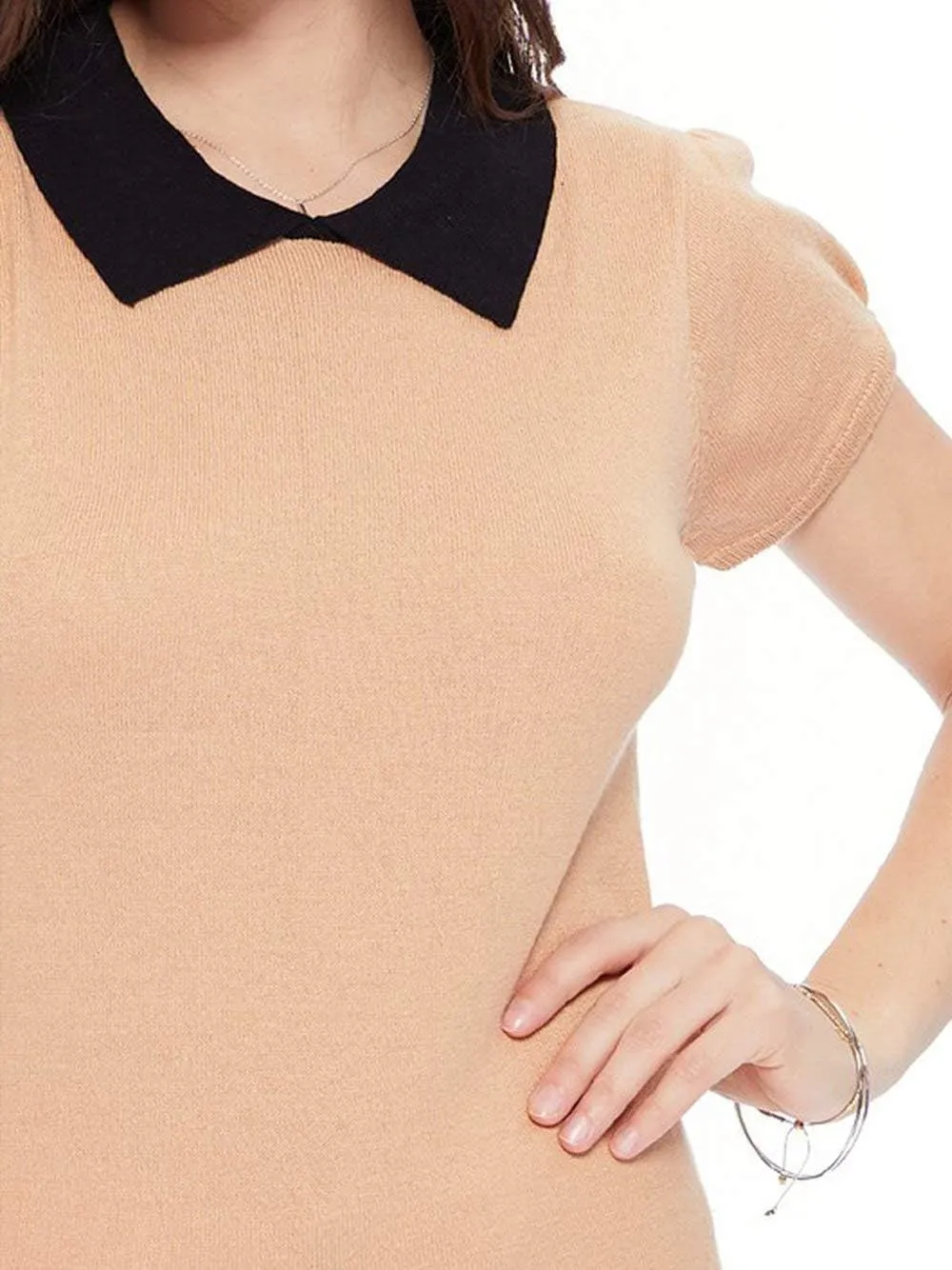 YEMAK Women's Knit Sweater Top  Short Sleeve Contrast Collar Puff Shoulder Classic Casual Knitted Soft T Shirt Pullover
