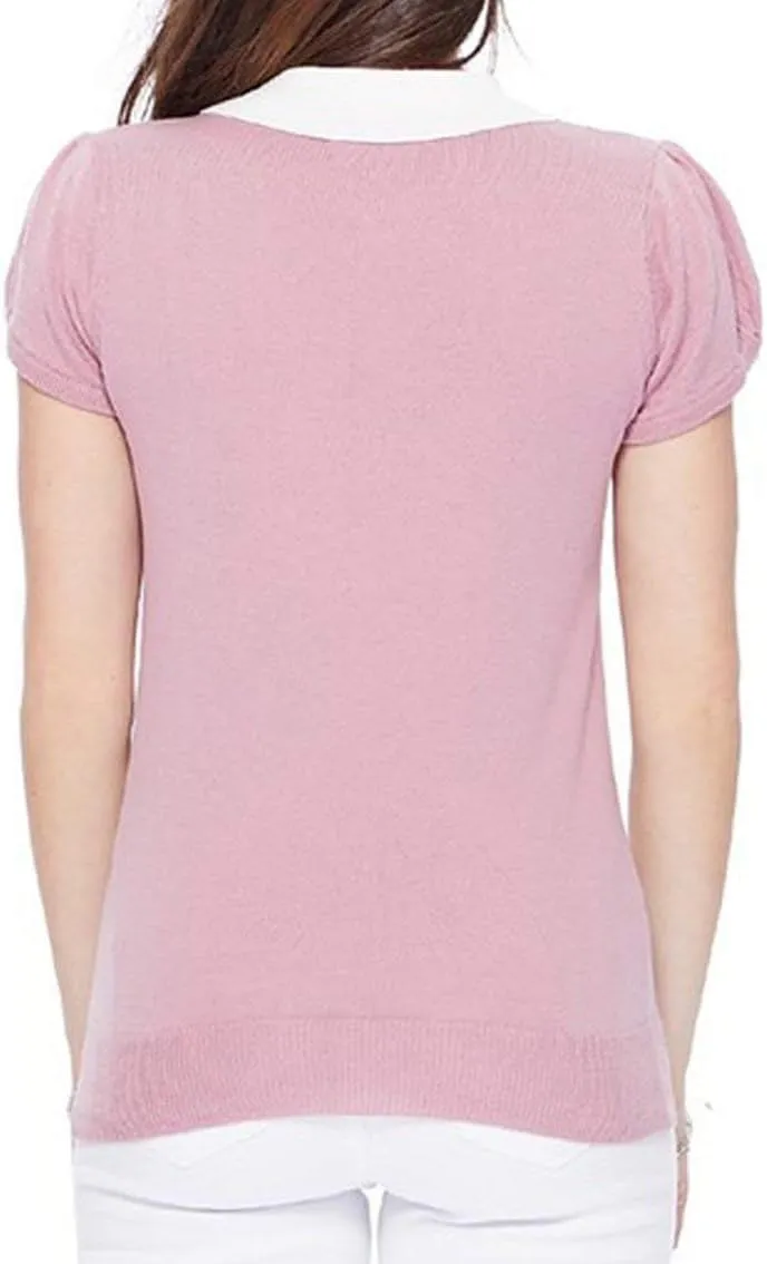 YEMAK Women's Knit Sweater Top  Short Sleeve Contrast Collar Puff Shoulder Classic Casual Knitted Soft T Shirt Pullover
