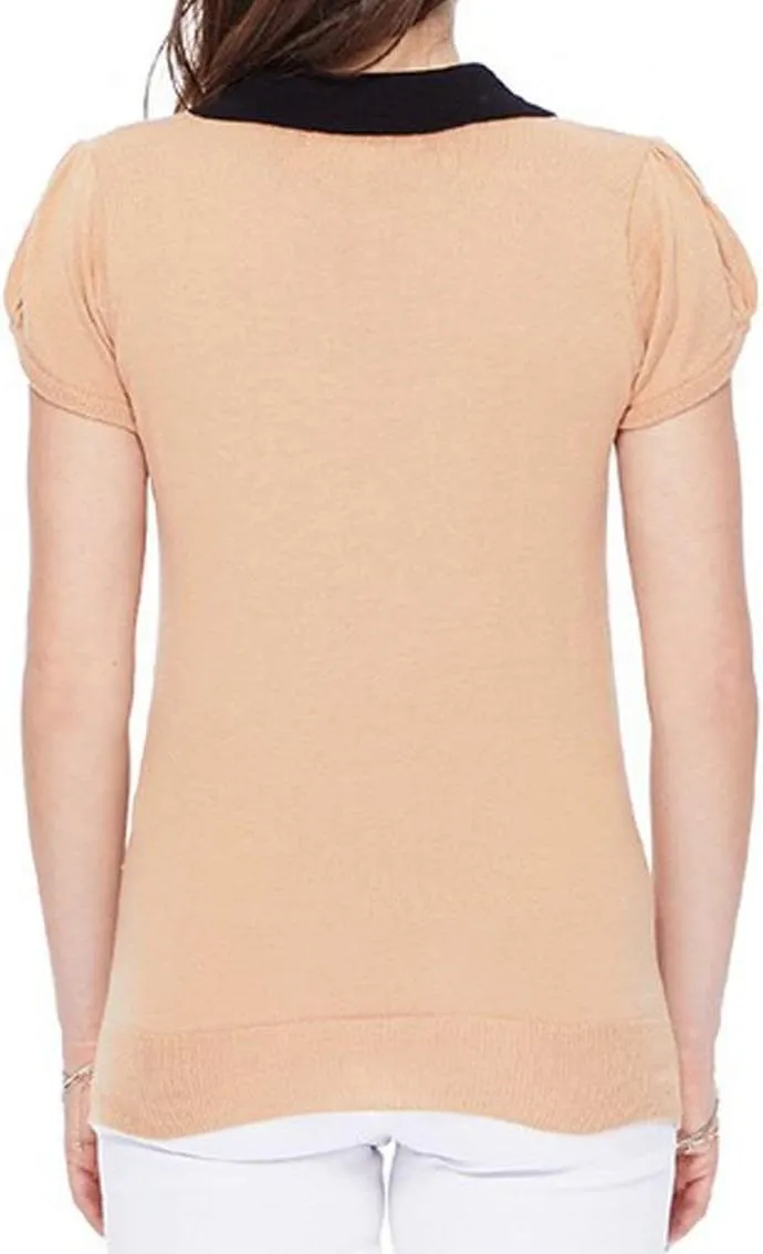 YEMAK Women's Knit Sweater Top  Short Sleeve Contrast Collar Puff Shoulder Classic Casual Knitted Soft T Shirt Pullover