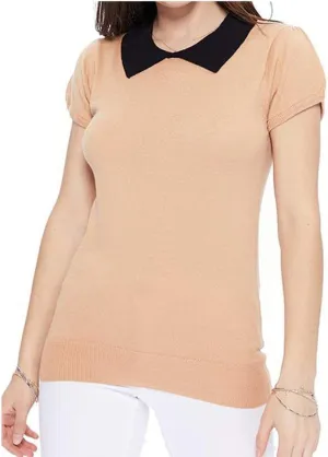 YEMAK Women's Knit Sweater Top  Short Sleeve Contrast Collar Puff Shoulder Classic Casual Knitted Soft T Shirt Pullover
