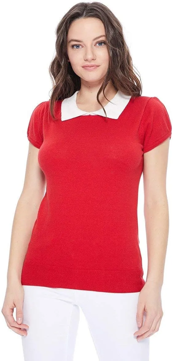 YEMAK Women's Knit Sweater Top  Short Sleeve Contrast Collar Puff Shoulder Classic Casual Knitted Soft T Shirt Pullover