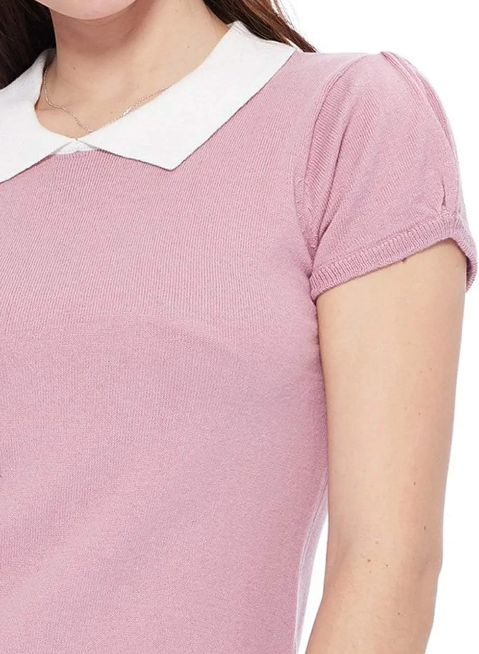 YEMAK Women's Knit Sweater Top  Short Sleeve Contrast Collar Puff Shoulder Classic Casual Knitted Soft T Shirt Pullover