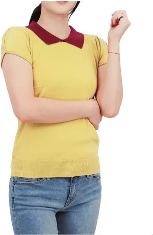 YEMAK Women's Knit Sweater Top  Short Sleeve Contrast Collar Puff Shoulder Classic Casual Knitted Soft T Shirt Pullover