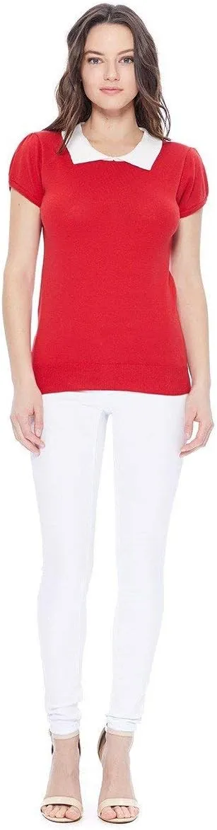 YEMAK Women's Knit Sweater Top  Short Sleeve Contrast Collar Puff Shoulder Classic Casual Knitted Soft T Shirt Pullover