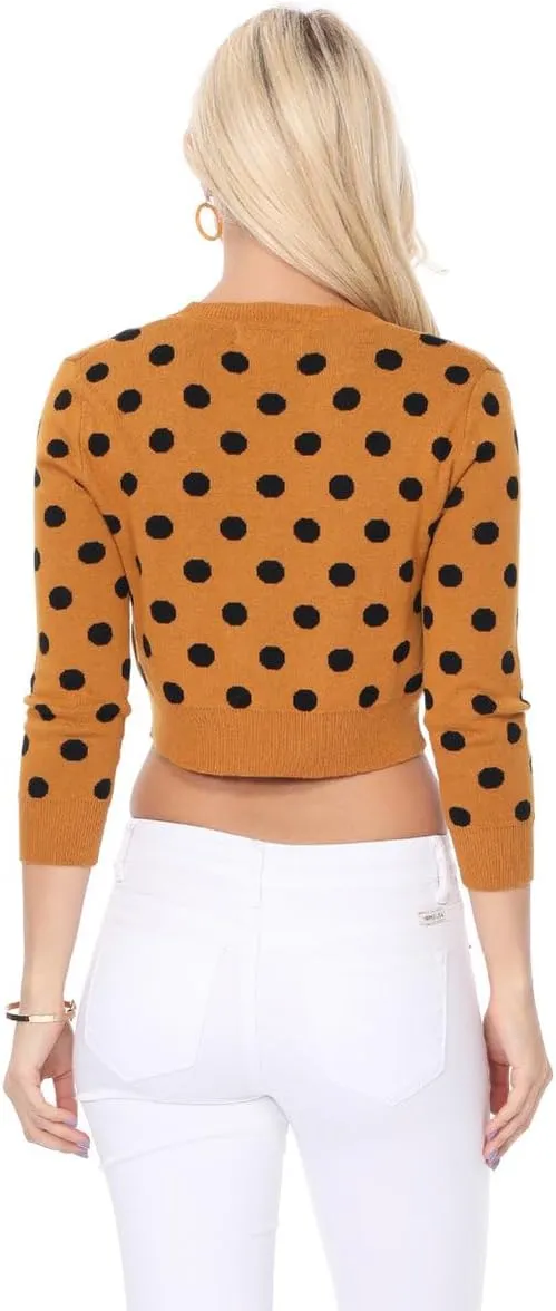 YEMAK Women's Polka Dot Cute Jacquard Crewneck Button Down Sweater Cardigan