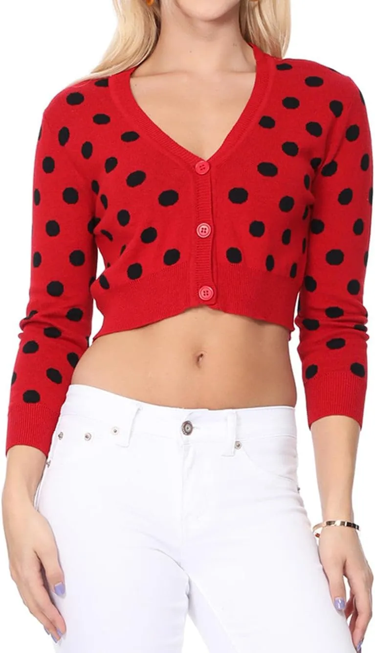 YEMAK Women's Polka Dot Cute Jacquard Crewneck Button Down Sweater Cardigan