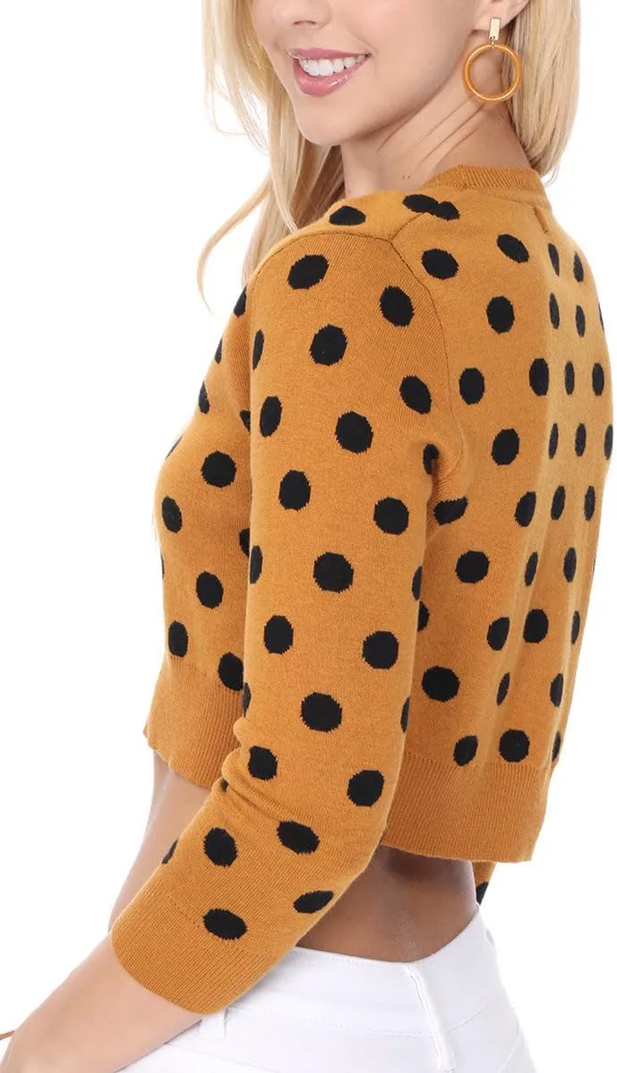 YEMAK Women's Polka Dot Cute Jacquard Crewneck Button Down Sweater Cardigan