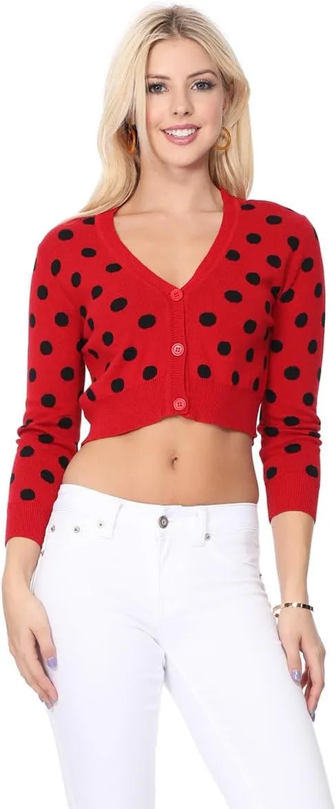 YEMAK Women's Polka Dot Cute Jacquard Crewneck Button Down Sweater Cardigan
