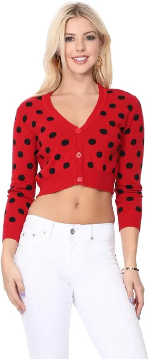 YEMAK Women's Polka Dot Cute Jacquard Crewneck Button Down Sweater Cardigan