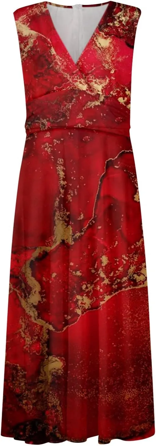 Yesunpxs Summer Dresses for Women 2024 Printed Flowy Ruched Boho Sundresses Wrap V Neck Sleeveless Beach Dresses Maxi Dress