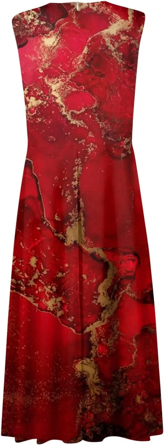 Yesunpxs Summer Dresses for Women 2024 Printed Flowy Ruched Boho Sundresses Wrap V Neck Sleeveless Beach Dresses Maxi Dress