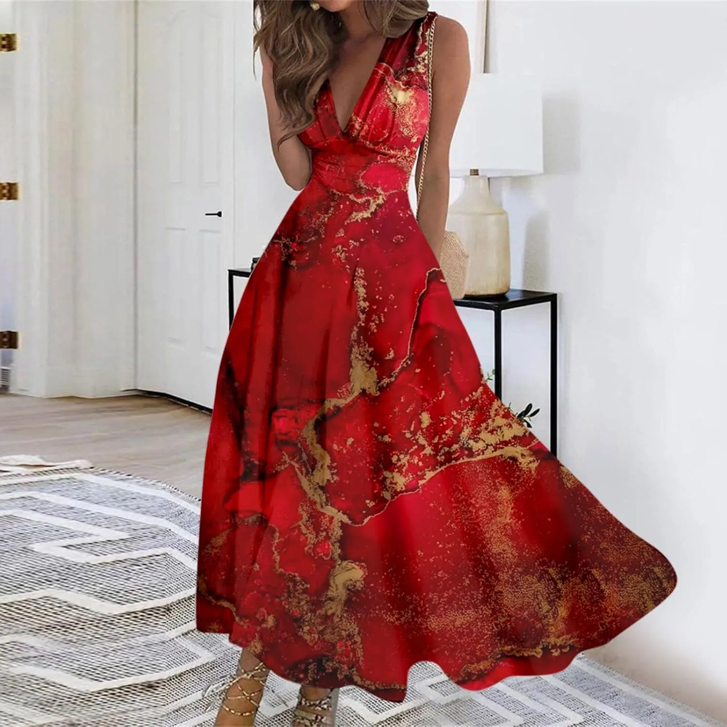 Yesunpxs Summer Dresses for Women 2024 Printed Flowy Ruched Boho Sundresses Wrap V Neck Sleeveless Beach Dresses Maxi Dress