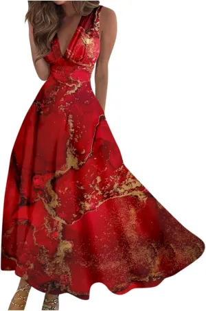 Yesunpxs Summer Dresses for Women 2024 Printed Flowy Ruched Boho Sundresses Wrap V Neck Sleeveless Beach Dresses Maxi Dress